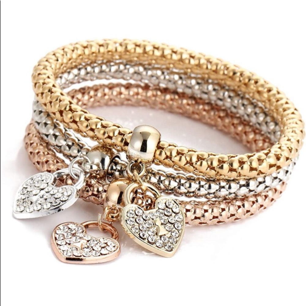 3pc Heart Charm Bracelets Set